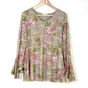 Susan Graver Floral Lace Oversized Tunic Top Stretchy Bell Sleeve Boho Fairy